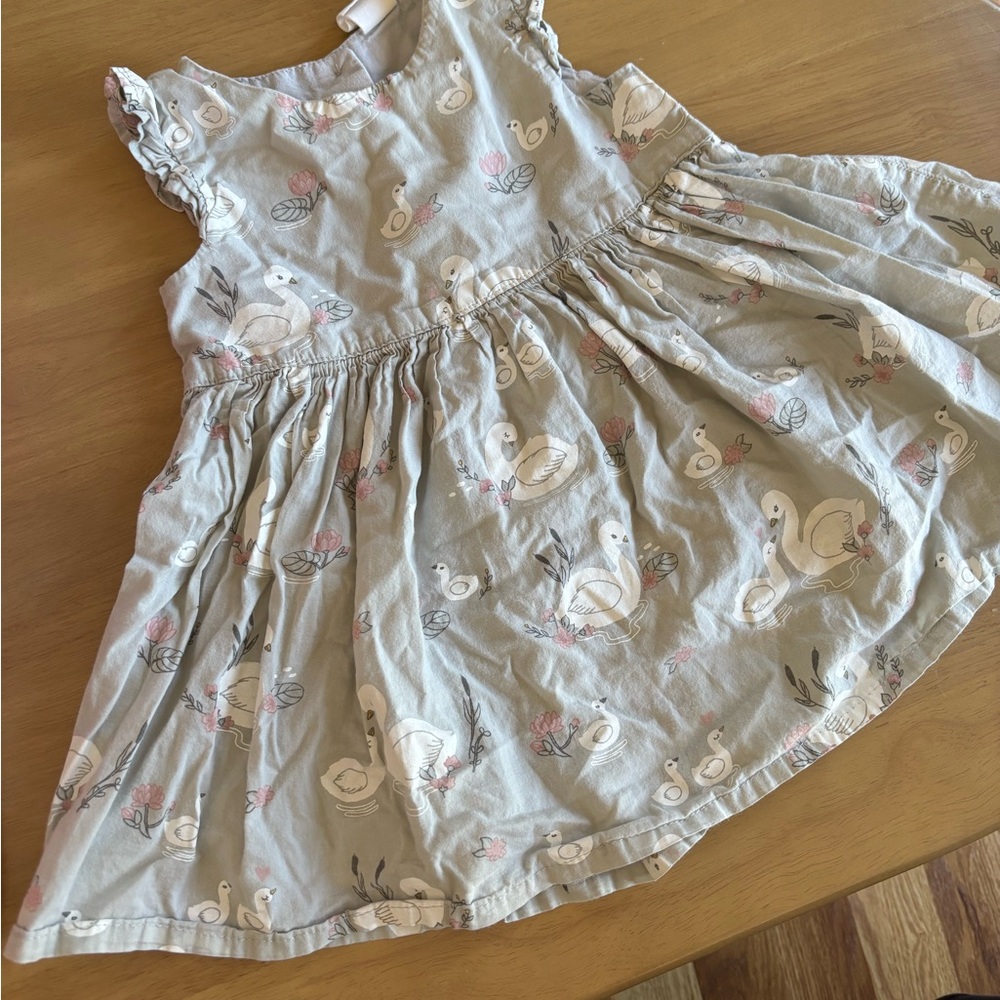 Girls Cotton Swan Print Light Grey/Blue Dress